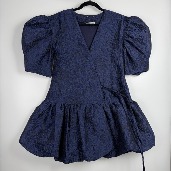 Moon River Women's Navy Blue Puff Sleeve Bubble Hem Mini Dress XS Romantic Chic - Picture 2 of 9